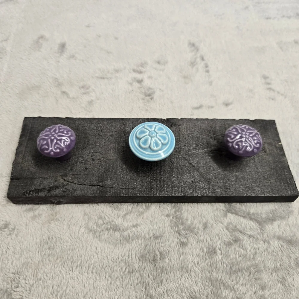 Handmade Rustic Wood Wall Rack 3 Ceramic Knobs Blue Purple Floral Boho Decor